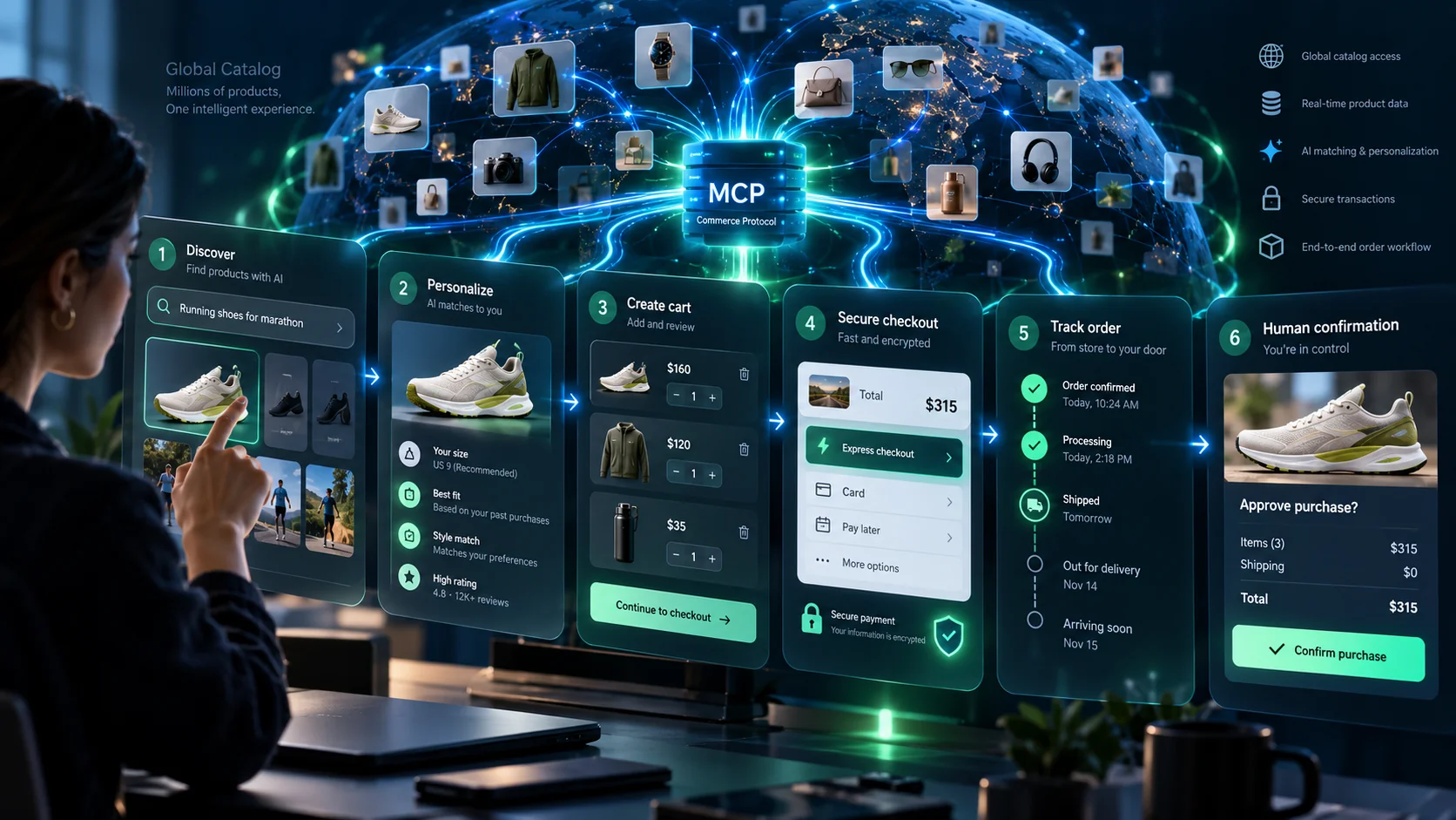 Shopify Shop MCP connecting AI shopping agents to product search carts and Shop Pay